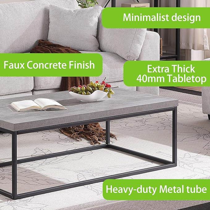 CENSI 47-Inch Grey Marble Accent Coffee Table/Center Table for Living Room, Rectangle Modern Industrial Style,Wood and Metal, Max.Loading 220 lbs. (Faux Concrete)