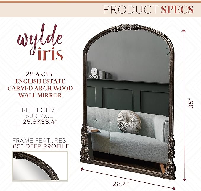 English Estate Carved Arch Wood Wall Mirror, Mirror for Entryway, Living Room, Bathroom, Antique Black, 28.4x35