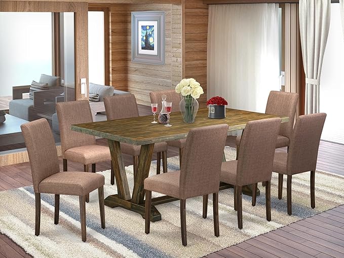 East West Furniture V777AB747-9 9 Piece Dining Room Table Set Includes a Rectangle Kitchen Table with V-Legs and 8 Light Sable Linen Fabric Parsons Dining Chairs, 40x72 Inch, Multi-Color