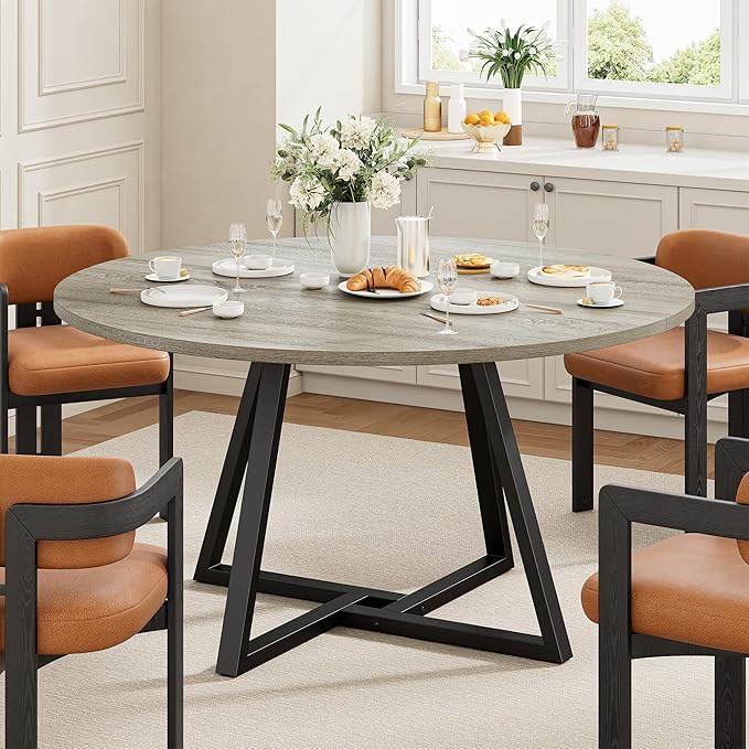 IRONCK 51" Round Dining Table for 6, Wood Kitchen Table with Metal Base, Space Saving Industrial Circle Dinner Table for Kitchen Dining Room, Gray
