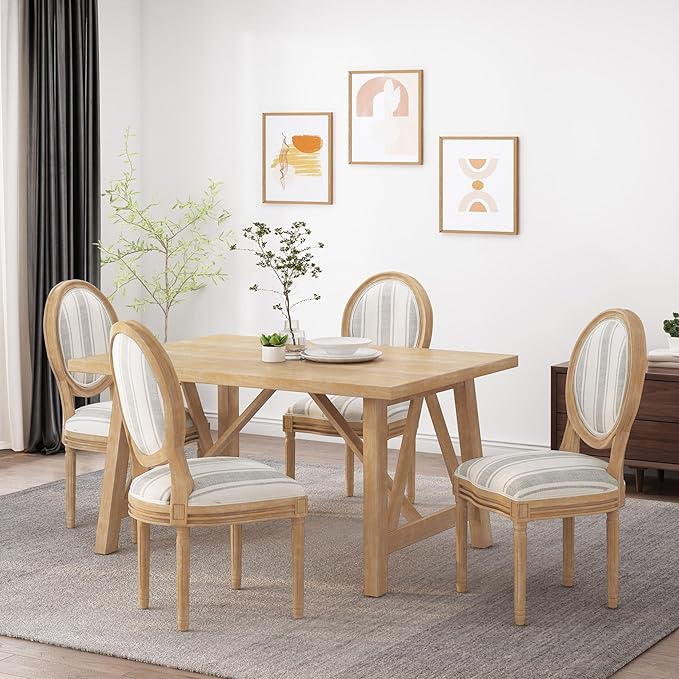 Christopher Knight Home Phinnaeus Dining Chair Set, Set of 4,Wood, Gray Stripes + Light Beige + Natural