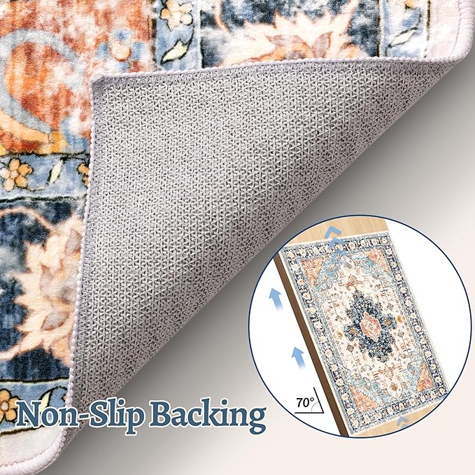 Tangsoo 3x5 Rug for Bedroom, Washable Vintage Rugs Indoor, Non Slip Accent Rug, Print Distressed Blue/Beige Carpet, Soft Low Pile for Living Room Dorm Bedroom Bedside Entryway Bathroom
