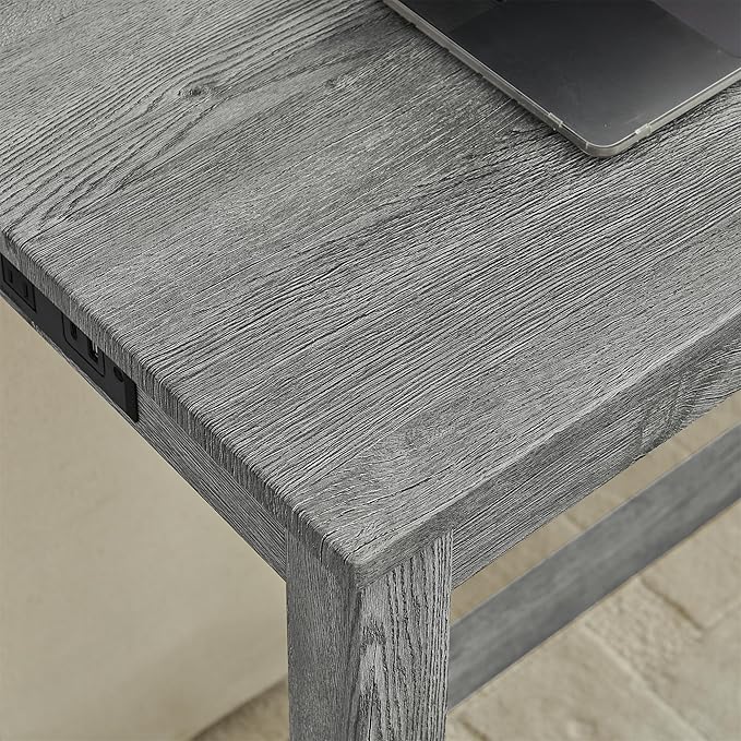 KEIKI 4-Piece Bar Table Set with Charging Station - 59" Industrial Kitchen Table & 3 Upholstered Stools, USB/Type-C/AC Outlets, Solid Wood Frame - for Dining Room, Apartment, Living Room (Grey)