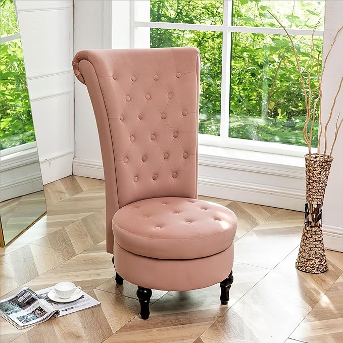 Container Furniture Direct Royal High-Back Velvet Accent Chair for Vanity with Storage and Luxurious Upholstery, Retro Design and Versatile Usage for Living Room, Bedroom, Lounge and Office, Rose