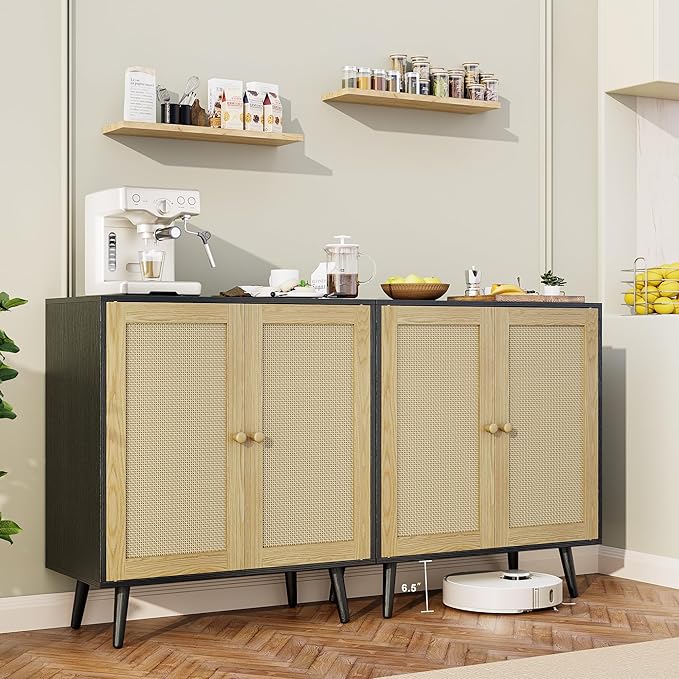 Set of 2 Rattan Sideboard Buffet Cabinets, Accent Cabinets with Adjustable Shelves & Rattan Doors, Ideal for Kitchen & Entryway Storage, Black
