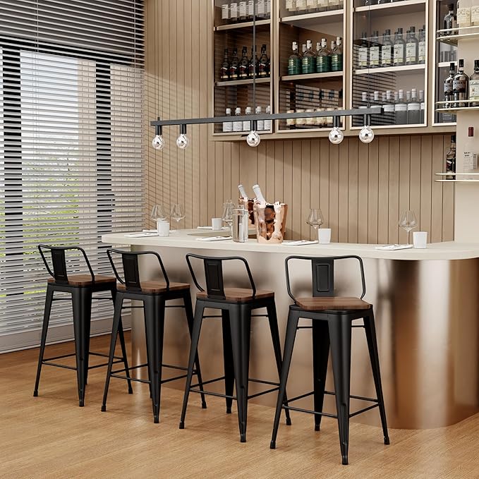 26 Inch Swivel Bar Stools Set of 2 with Backs Counter Height Industrial Metal Barstools Island Bar Chairs for Home Kitchen Dining Room (Swivel 26 inch,Matte Black Wooden)