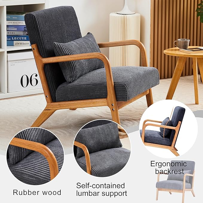 Ball & Cast Living Room Chair with Pillow,Mid-Century Modern Armchair w/Solid Wood Frame & Extra-Thick Backrest,Upholstered Reading Accent Chair for Bedroom,Dark Grey