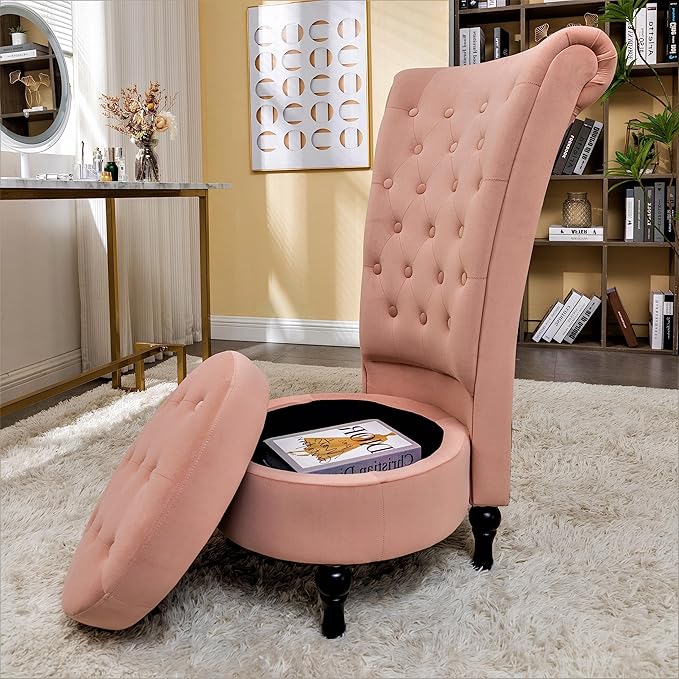 Container Furniture Direct Royal High-Back Velvet Accent Chair for Vanity with Storage and Luxurious Upholstery, Retro Design and Versatile Usage for Living Room, Bedroom, Lounge and Office, Rose
