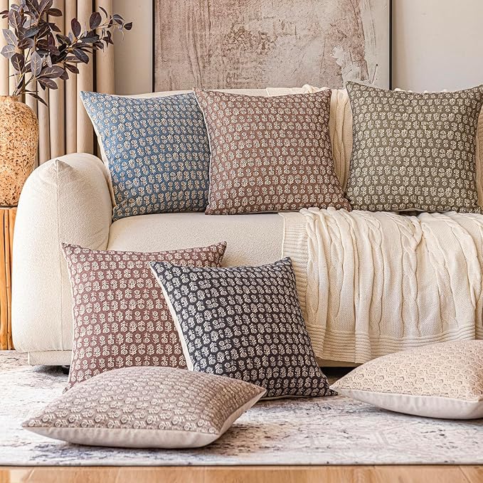 Foindtower Set of 2 Decorative Vintage Floral Print Throw Pillow Covers Neutral Modern Farmhouse Cushion Covers Boho Home Decor for Sofa Couch Chair Bedroom Living Room Outdoor,22×22 Inch,Wine Red