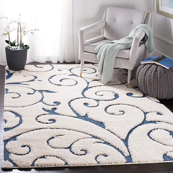 SAFAVIEH Florida Shag Collection Area Rug - 5'3" x 7'6", Cream & Blue, Scroll Design, Non-Shedding & Easy Care, 1.2-inch Thick Ideal for High Traffic Areas in Living Room, Bedroom (SG455-1165)