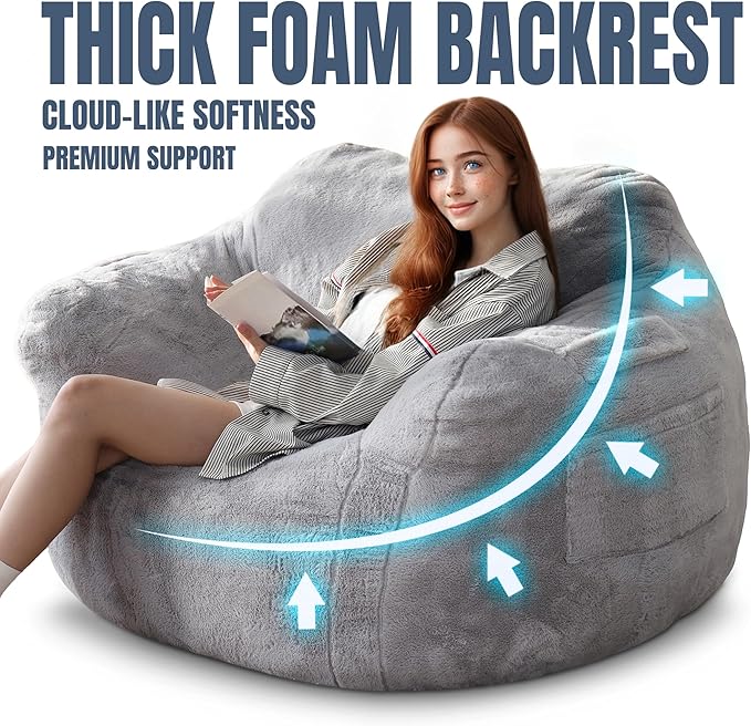 Large Bean Bag Chairs for Adults - Oversized Memory Foam Filled Bean Bag Sofa | Fluffy Adult Bean Bag Chair, Big Bean Bag Chairs for Living Room, Bedroom & Dorm - Gray