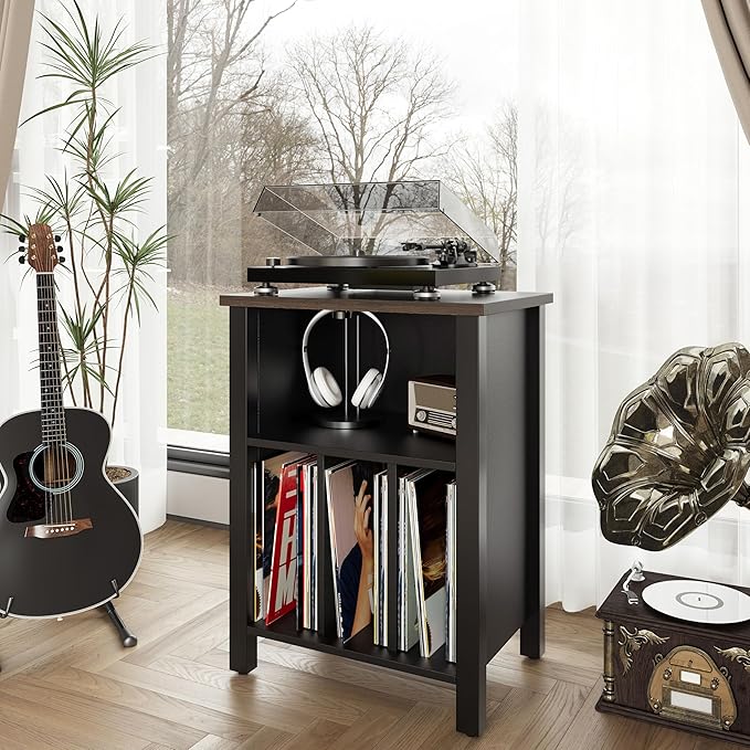 LIDYUK Record Player Stand, Vinyl Record Storage Table End Table with Display Shelf Holds up to 130 Albums, Large Nightstand Wood Turntable Stand Cabinet Side Table for Living Room, Bedroom, Black