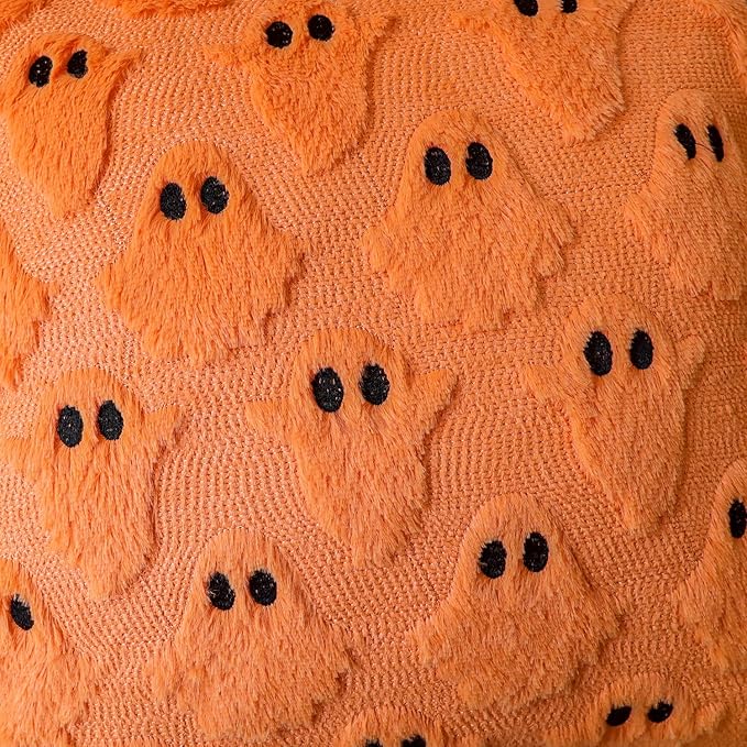 4TH Emotion Halloween Ghost Decorative Lumbar Pillow Covers 12x20 Set of 2, Orange Soft Plush Faux Fur Farmhouse Throw Cushion Cases for Fall Autumn Holiday Home Decorations