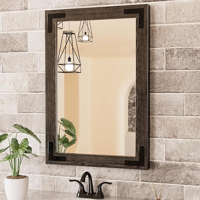 TETOTE 18 x 26 Black Wooden Mirror for Bathroom Wall/Bedroom/Living Room/Entryway Farmhouse Rustic Bathroom Vanity Mirror for Over Sink Waterproof (Horizontal/Vertical Mounted)
