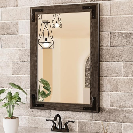 TETOTE 18 x 26 Black Wooden Mirror for Bathroom Wall/Bedroom/Living Room/Entryway Farmhouse Rustic Bathroom Vanity Mirror for Over Sink Waterproof (Horizontal/Vertical Mounted)