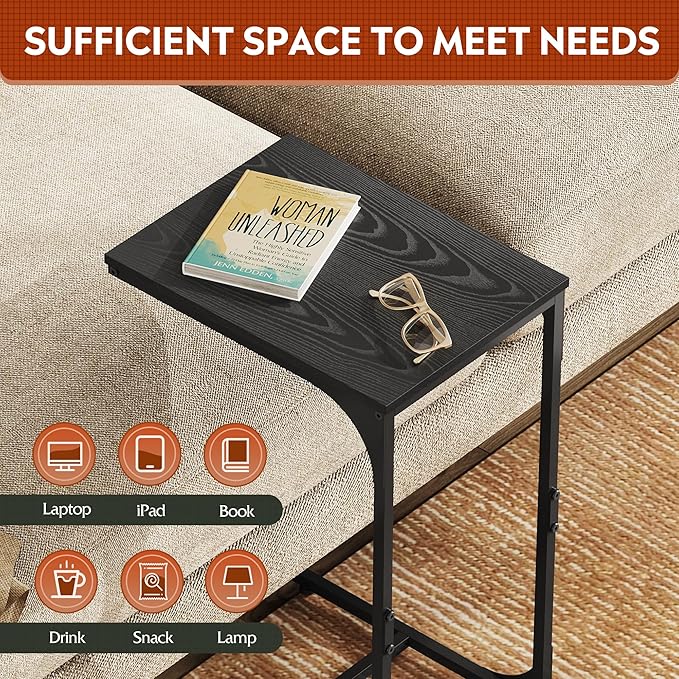 WLIVE C Shaped End Table, Small Couch Side Tables with Metal Frame, Sofa Table TV Tray for Living Room, Bedroom, Relief Black