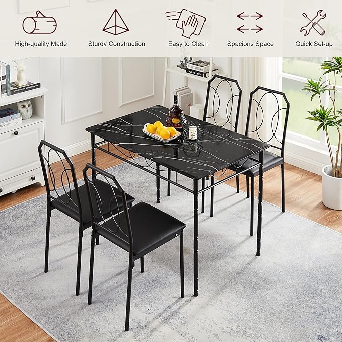 VECELO 5 Piece Dining Table Set for 4, Dinette with Chairs for Kitchen, Breakfast Nook, Small Space,Easy Assembly