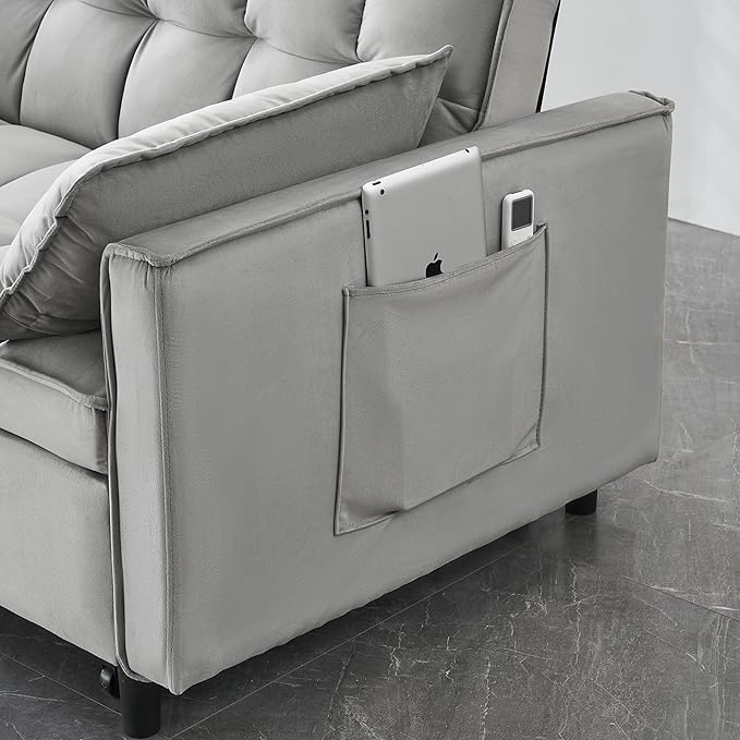 Ball & Cast Velvet Futon Sofa Couch with Pull-Out Bed,3 in 1 Convertible Sleeper Sofa Bed,Convertible Pull Out Couches W/2 Pillows,Adjustable Backrest & Side Pocket,for Living Room,Apartment,Gray,55"