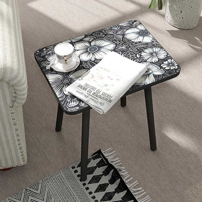 Mandala Small Rectangle End Table, Side Table with Black Flowers Finish, Retro Modern Small Coffee Table for Balcony, Living Room(11.8" D x 15.7" W x 17" H, Black, Rectangle)