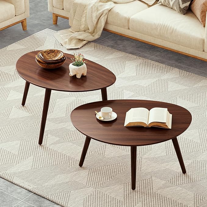 Small Oval Coffee Table, 33.5" Mid Century Modern Coffee Table for Living Room, 100% Solid Oak Wood Side Table, Minimalist Display Center Table (Walnut Color, 33.46''Wx22.83''Dx15.74''H)