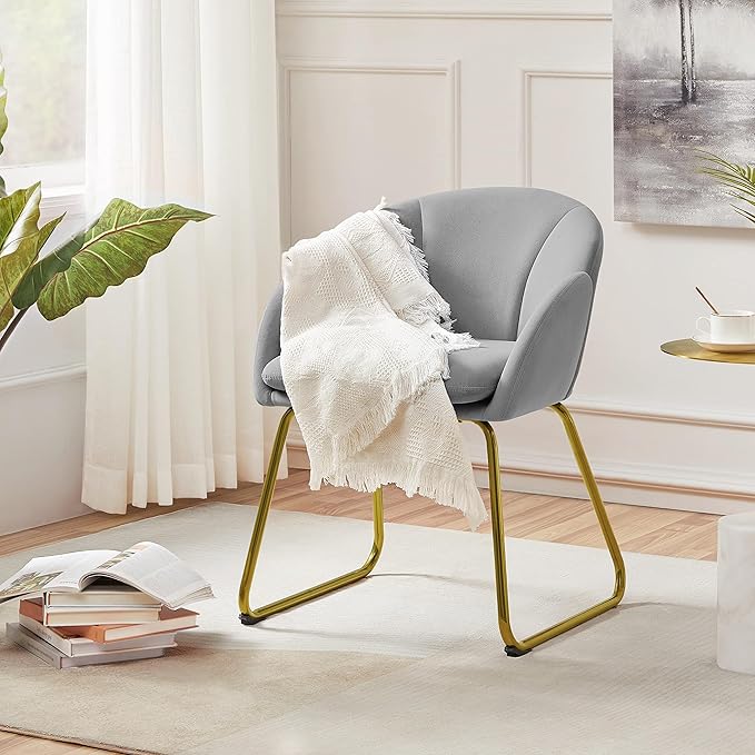 Yaheetech Flower Shape Velvet Vanity Chair, Modern Side Chair Armchair with Golden Metal Legs for Living Room/Dressing Room/Bedroom/Home Office/Kitchen, Gray