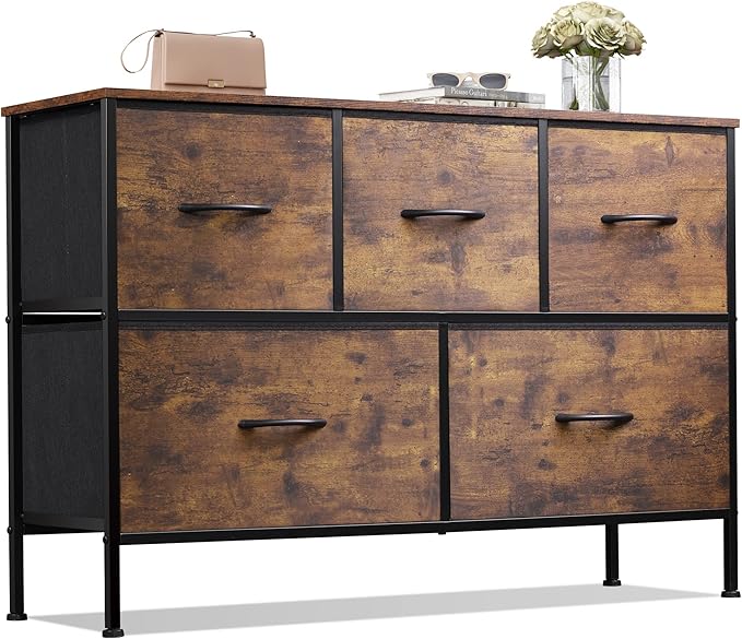 WLIVE Dresser for Bedroom with 5 Drawers, Long Fabric Dresser, Storage Drawer Unit with Fabric Bins for Closet, Hallway, Rustic Brown Wood Grain Print, Size L