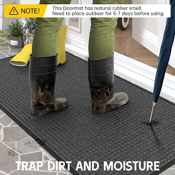 Sturdy Front Door Mat Outside Entrance, 4' x 3' All-Season All-Weather Doormat Waterproof, Stain and Fade Resistant, Natural Rubber Indoor Outdoor Welcome Door Mat Trap Dirt