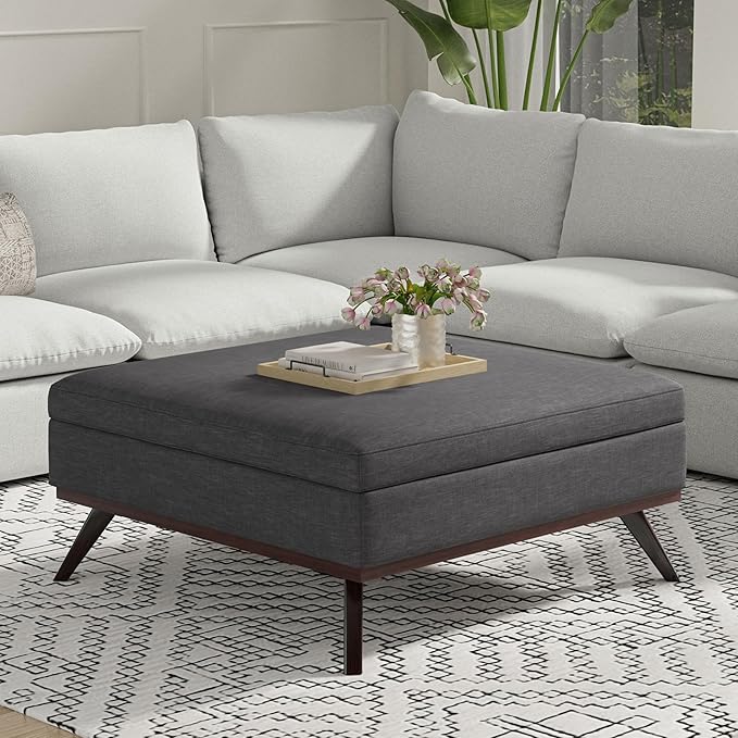 SIMPLIHOME Owen 40 inch Wide Mid Century Modern Square XL Coffee Table Storage Ottoman in Slate Grey Polyester Fabric, Assembled, for The Living Room, Entryway and Family Room