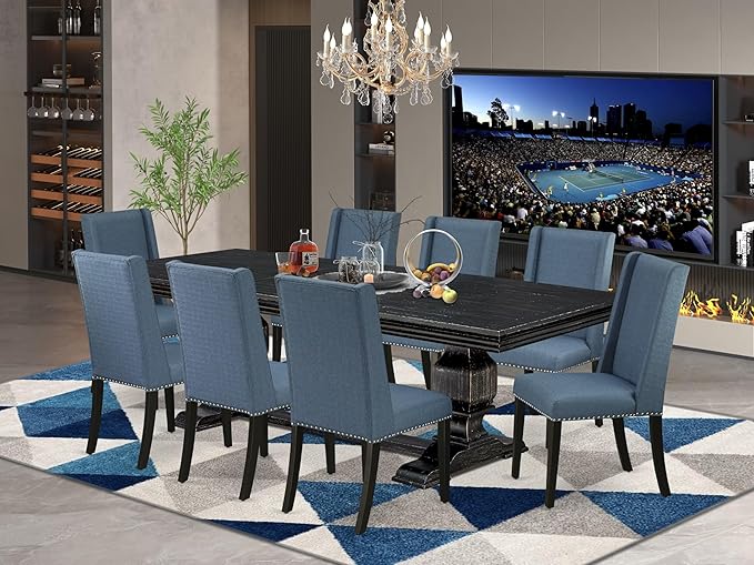 NKFL9-SBB-21-9-Piece Kitchen Table Set Consists of a Wooden Table and 8 Mineral Blue Linen Fabric Parson Chairs with Padded Chair Back - Sand Blasting Black Finish.