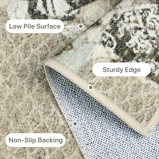 GENIMO Area Rug 2x3 Doormat, Machine Washable Low Pile Rugs, Small Floral Patchwork Retro Chenille Entryway Mat for Entrance, Hallway, Kitchen and Corridor, Taupe Gray