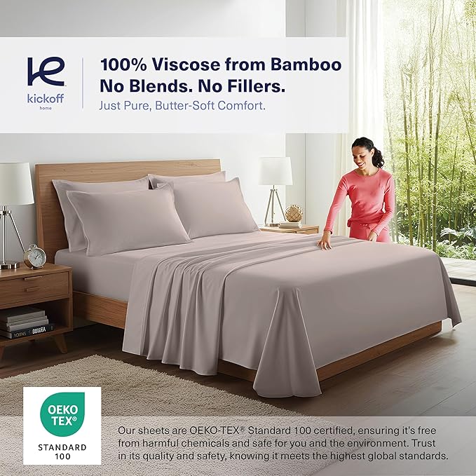 Kickoff Viscose Bamboo Sheets California King Size 4-pc 100% Organic Bamboo Viscose Bed Cooling Sheets Cal King Set Cool Bedding for hot Sleepers Sheet, Flat, Fitted, Pillowcases (Grey Mist, CK)