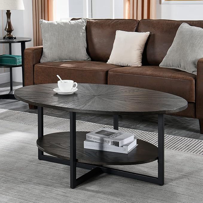 Solid Wood Oval Coffee Table with Cross Metal Legs, 43.3in Modern Industrail Center Table with Open Shelf Cocktail Tea Table for Living Room Bedroom, Rustic Black 1811BK