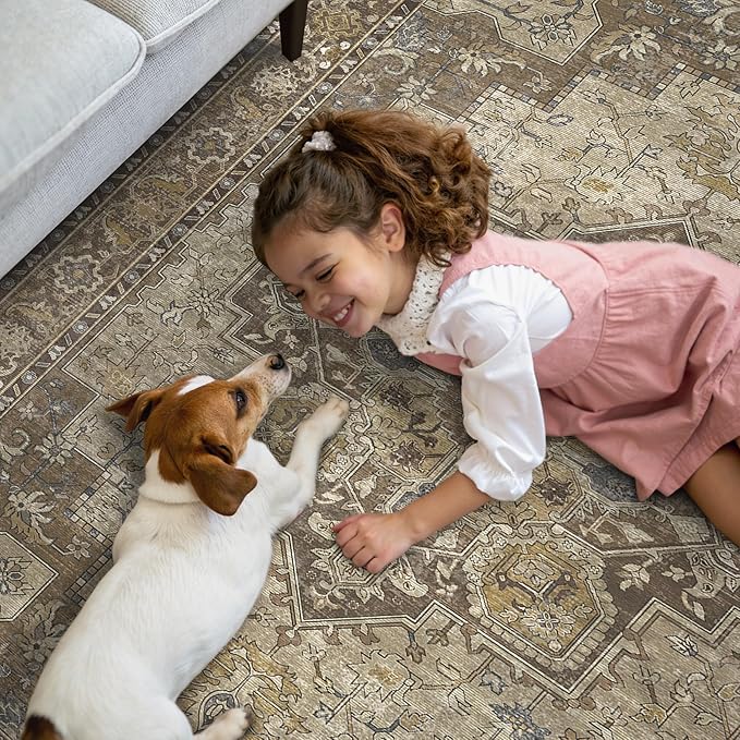 GENIMO 2x10 Runner Rugs for Hallway, Machine Washable Non Slip Vintage Rugs, Low Pile Lightweight Soft Print Rug for enrtyway, Corridor, Home Office, Kitchen, Rustic Brown