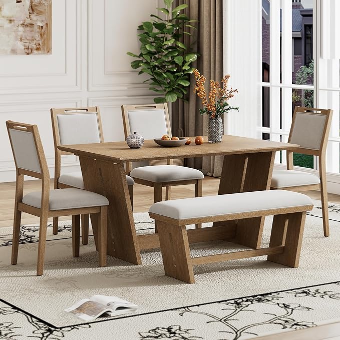 Ball & Cast 6-Piece Dining Table Set for 6 People, 60" Wood Dining Kitchen Table & Chairs Set, Rectangular Dining Room Table with Trapezoidal Base,4 Upholstered Chairs & 1 Bench, Kitchen, Espresso