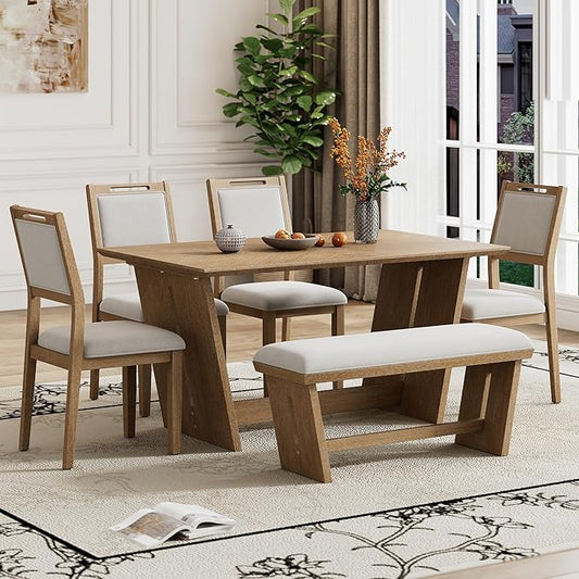 Ball & Cast 6-Piece Dining Table Set for 6 People, 60" Wood Dining Kitchen Table & Chairs Set, Rectangular Dining Room Table with Trapezoidal Base,4 Upholstered Chairs & 1 Bench, Kitchen, Espresso