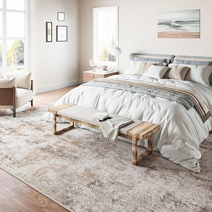 6x9 Washable Area Rug Brown Grey Neutral Abstract Living Room Bedroom Large Throw Rug Non Slip Soft Low Pile Indoor Floor Carpet for Dining Room Kitchen Office Entryway