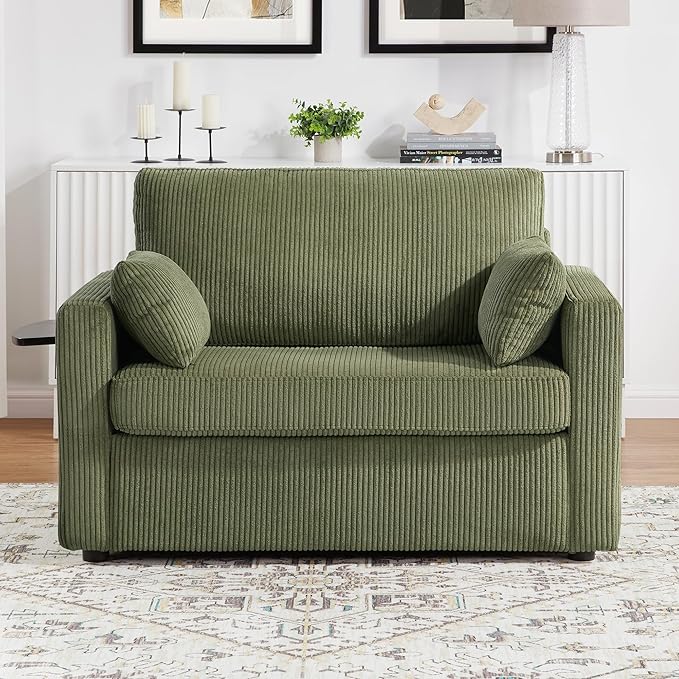 Twin Size Sofa Bed 47.2" Sleeper Sofa Loveseat Sofa with a Foldable Mattress, a Foldable Side Table, a Side Storage Pocket and Two USB Ports for Living Room, Green
