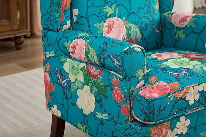 Ball & Cast Modern Accent Chair,Comfy Upholstered Armchair with Retro Wood Legs,Floral Design Single Sofa Chair,Living Room Furniture for Apartment,Bedroom,Office,Linen Fabric,Floral Cyan