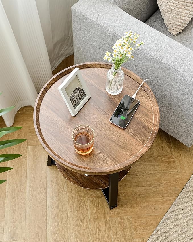 Round End Table with Charging Station, 19.7" Dia x 23.63" H, Side Table with Storage Shelf, Accent Table, for Living Room, Bedroom, Small Spaces, Metal Frame, Industrial Style (Brown + Black)
