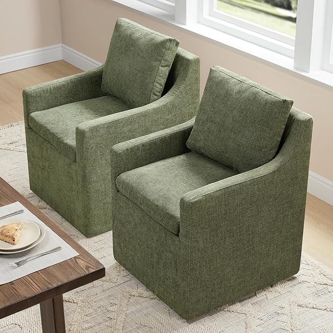 Upholstered Dining Chairs with Casters Easy Assembly Modern Accent Armchair with Rollers for Diningroom Bedroom Livingroom Reading Room,Green,2 Boxs