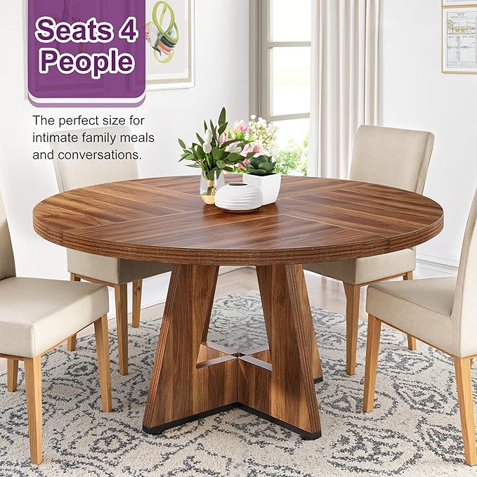 Round Dining Table for 4, 47" Wooden Kitchen Dinner Table Rustic, Farmhouse Table for Dining Room, Living Room, Brown