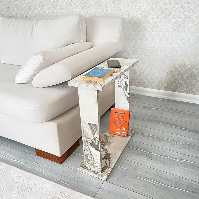 Very Narrow Side Table for Living Room, Small Apartment Space Between Chairs Skinny Table for Recliner, Couch, Armchair, Thin Slim End Table for Living Room, Bedroom, Beverages (White Marble)