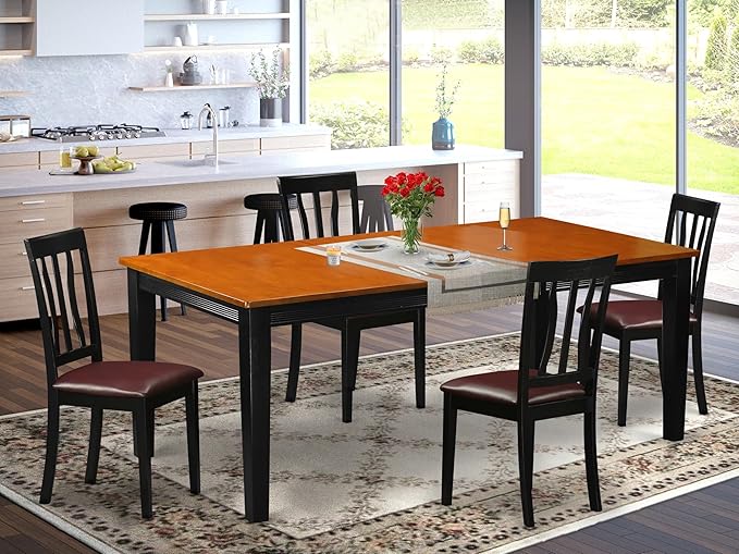 East West Furniture QUAN5-BCH-LC 5 Piece Dining Set Includes a Rectangle Dining Room Table with Butterfly Leaf and 4 Faux Leather Upholstered Chairs, 40x78 Inch, Black & Cherry