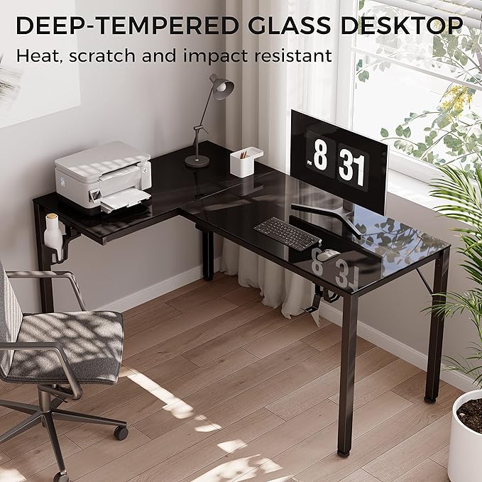 EUREKA ERGONOMIC RGB LED Lights 60 Inch L Shaped Reversible Black Glass Gaming Desk Home Office Computer Table GTG L60