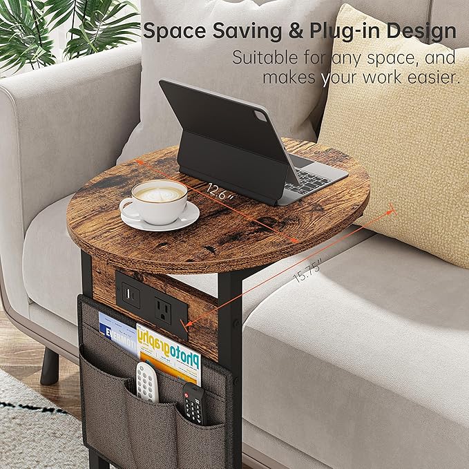 Vagusicc C Shaped End Table with Charging Station, Small Side Table for Couch, TV Tray Table Slide Under Sofa Table for Living Room Bedroom, Round Couch Side Table C Table for Sofa, Rustic Brown