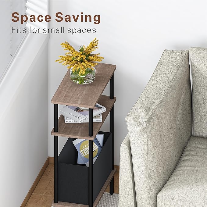 Narrow Side Table with Fabric Basket, Set of 2 End Table for Small Spaces, Slim Nightstand with 3-Tier Storage Shelf, Sofa Beside Table, for Living Room, Bed Room, Natrual Walnut