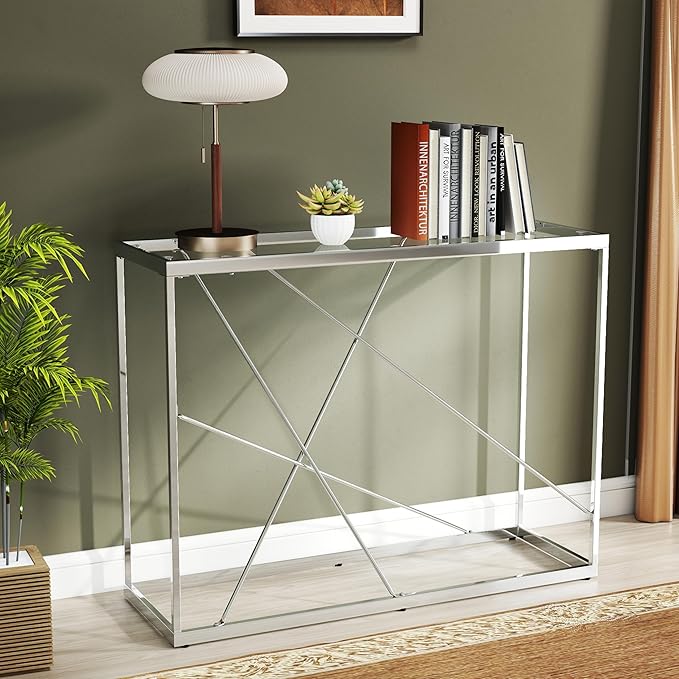 OIOG Glass Console Table for Entryway, Modern Sofa Table with Temperes Glass Tabletop and Chrome Frame, Silver Entryway Table for Living Room, Hallway, Dining Room, Home Office
