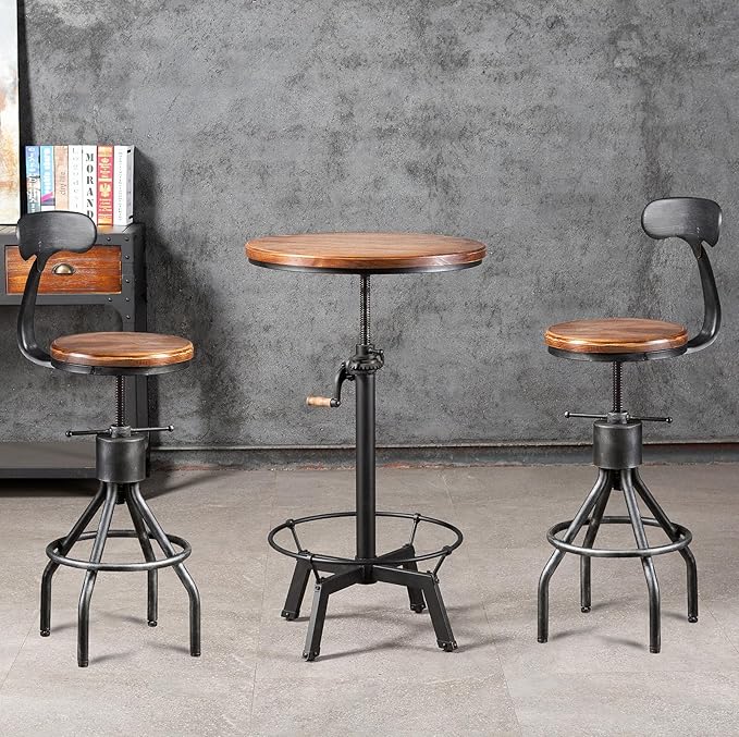 LOKKHAN Set of 2 Rustic Industrial Bar Stool-24-30 Adjustable Metal Swivel Wooden Top Barstools-Counter Height Extra Tall Bar Height-Vintage Farmhouse Kitchen Breakfast Cafe Stool-with Backrest