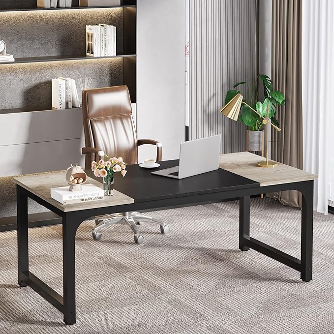 LITTLE TREE 70.8 Inch X-Large Executive Computer Office Desk, Grey+Black