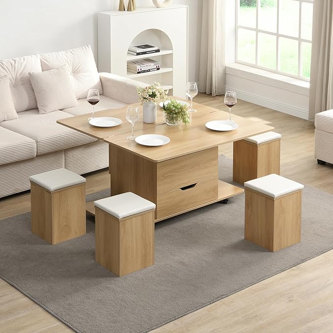 Merax Multi-Functional Lift-Top Coffee Table with Hidden Storage and Stools,Multi-Function Modern Center Table with 4 Stools and Casters,Perfect for Modern Living Spaces, Natural & White
